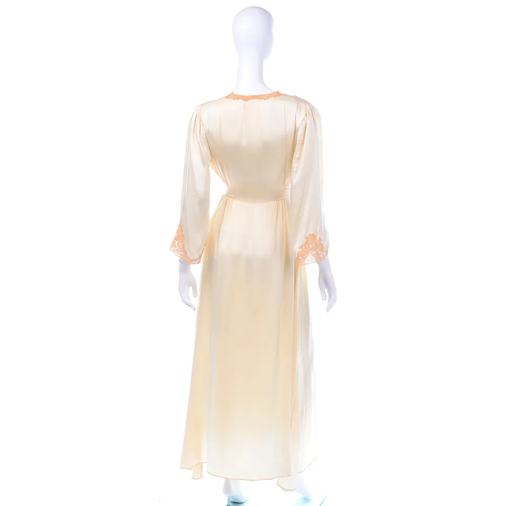 1930s Champagne Silk Vintage Robe w/ Peach Lace