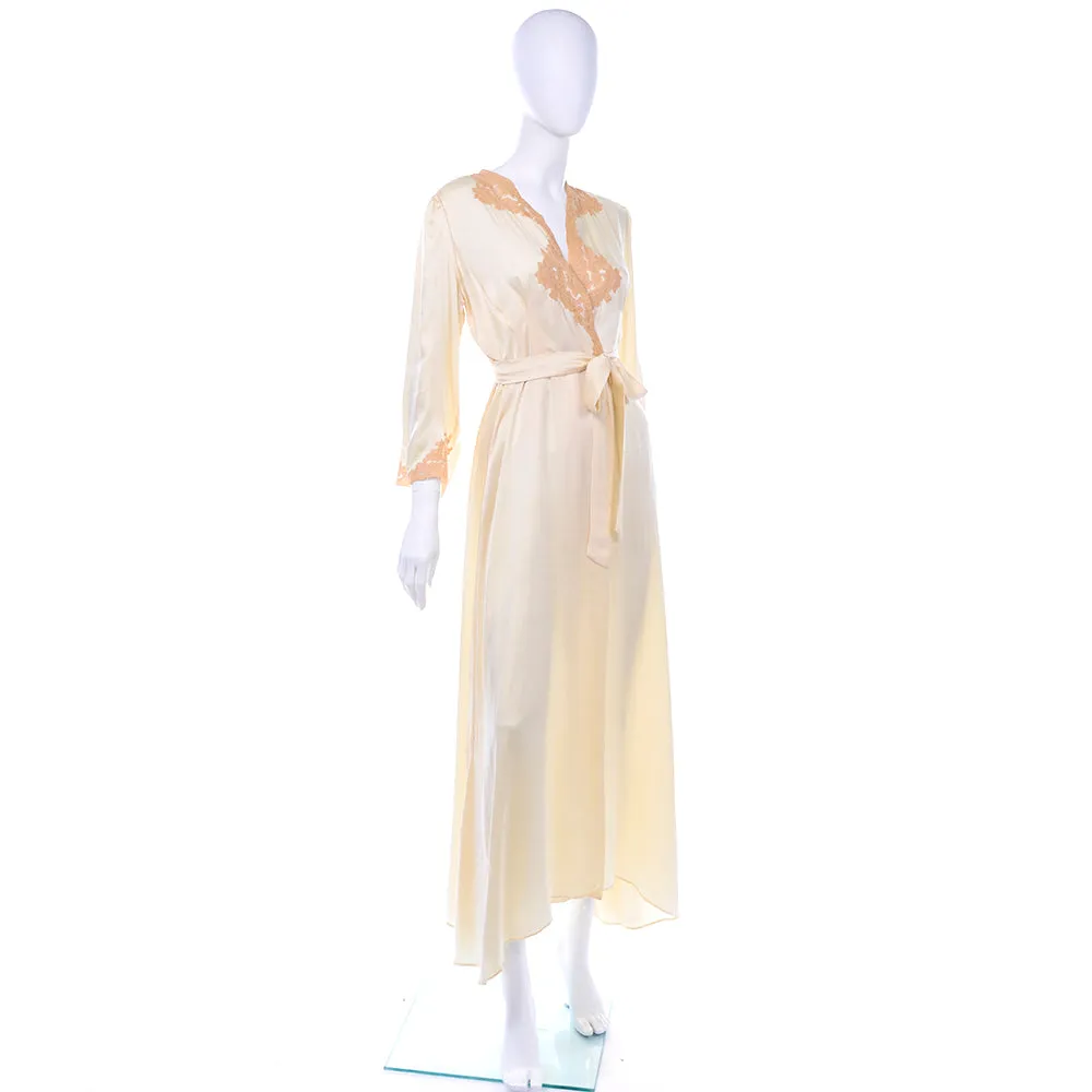 1930s Champagne Silk Vintage Robe w/ Peach Lace