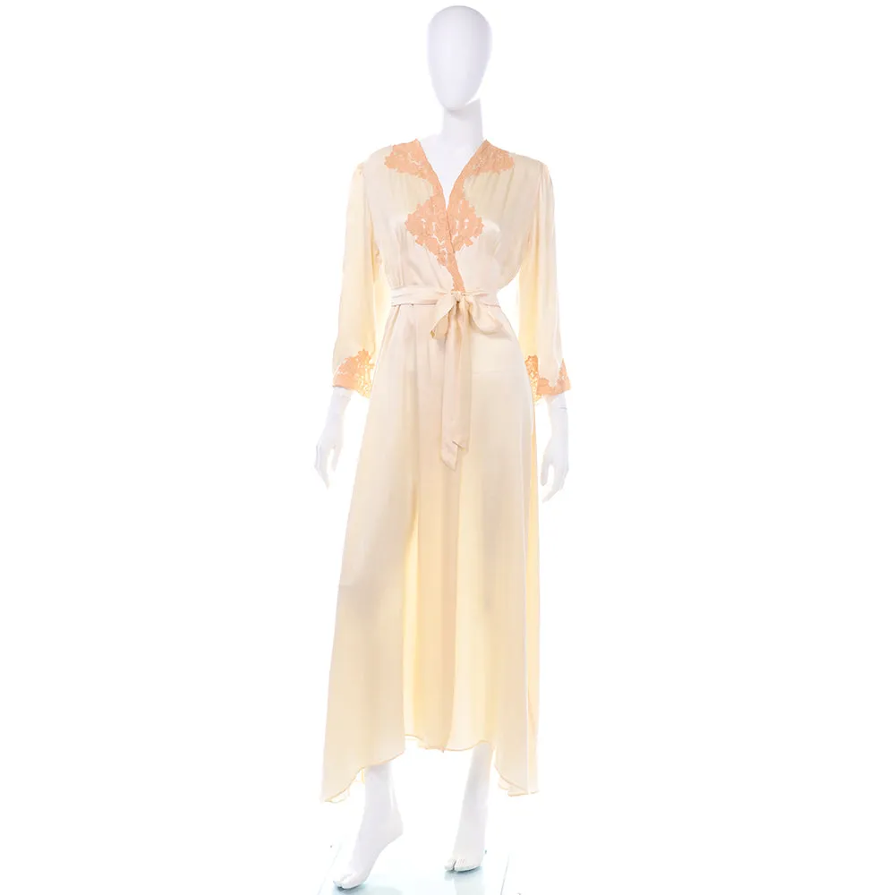 1930s Champagne Silk Vintage Robe w/ Peach Lace