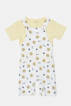 Baby Yellow And White Printed T-Shirt And Dungaree Set (2 Piece)