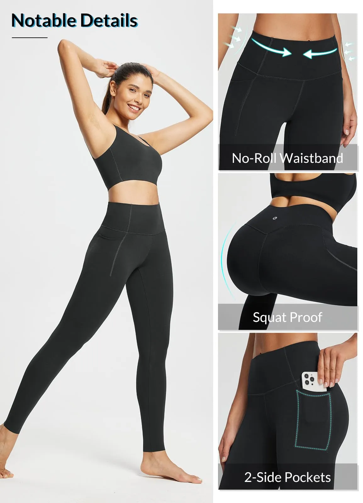 BALEAF Freeleaf Women's Workout Leggings with Pockets 7/8 Yoga Pants High Waisted Tummy Control Athletic Gym Leggings Black XS-M