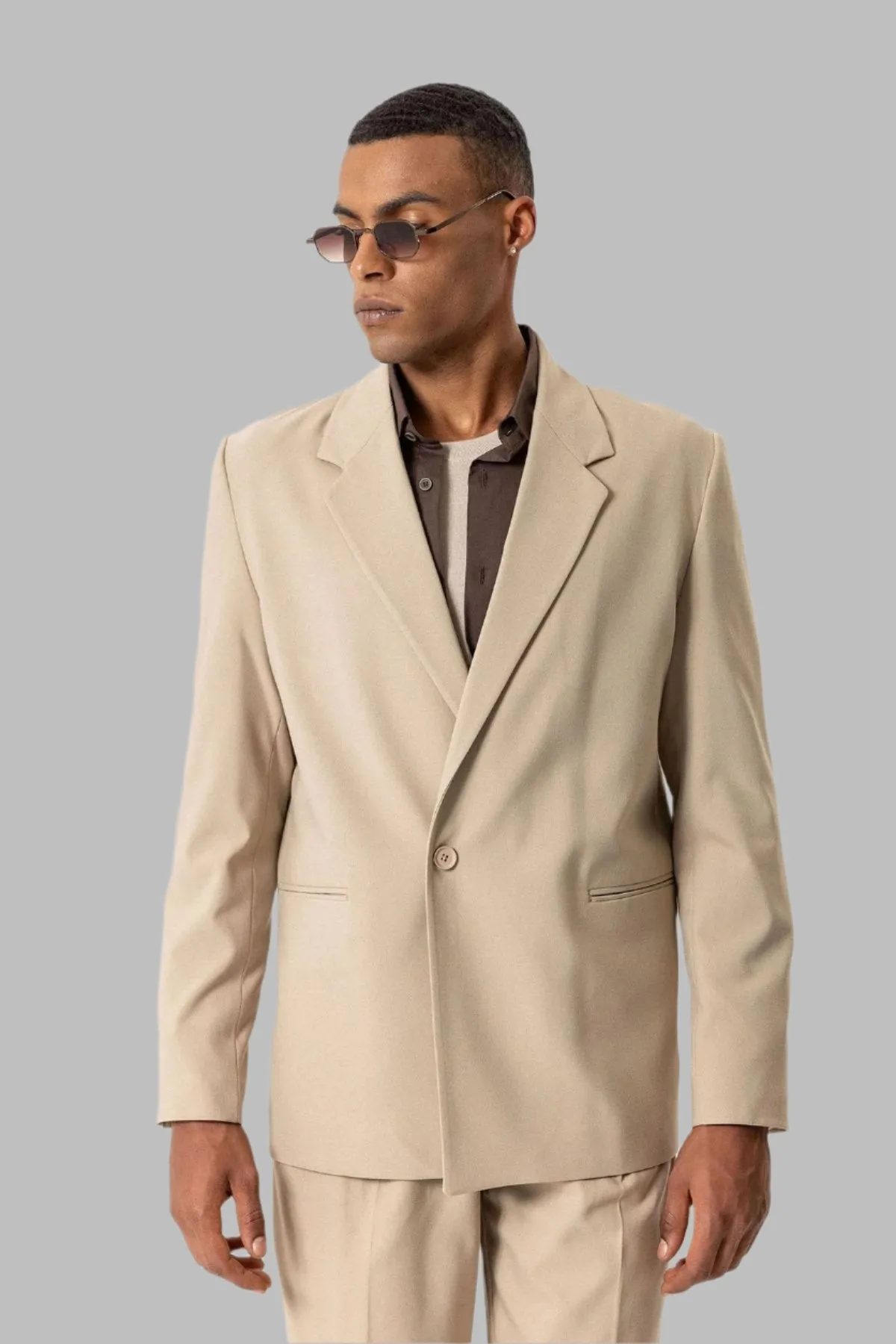 Beige Single-Button Relaxed Men's Blazer Jacket - Wessi