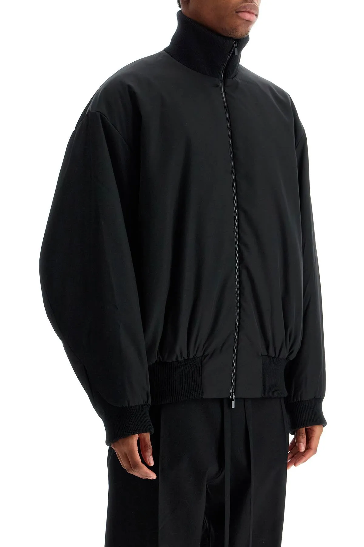 BLACK NYLON BOMBER WITH HIGH COLLAR