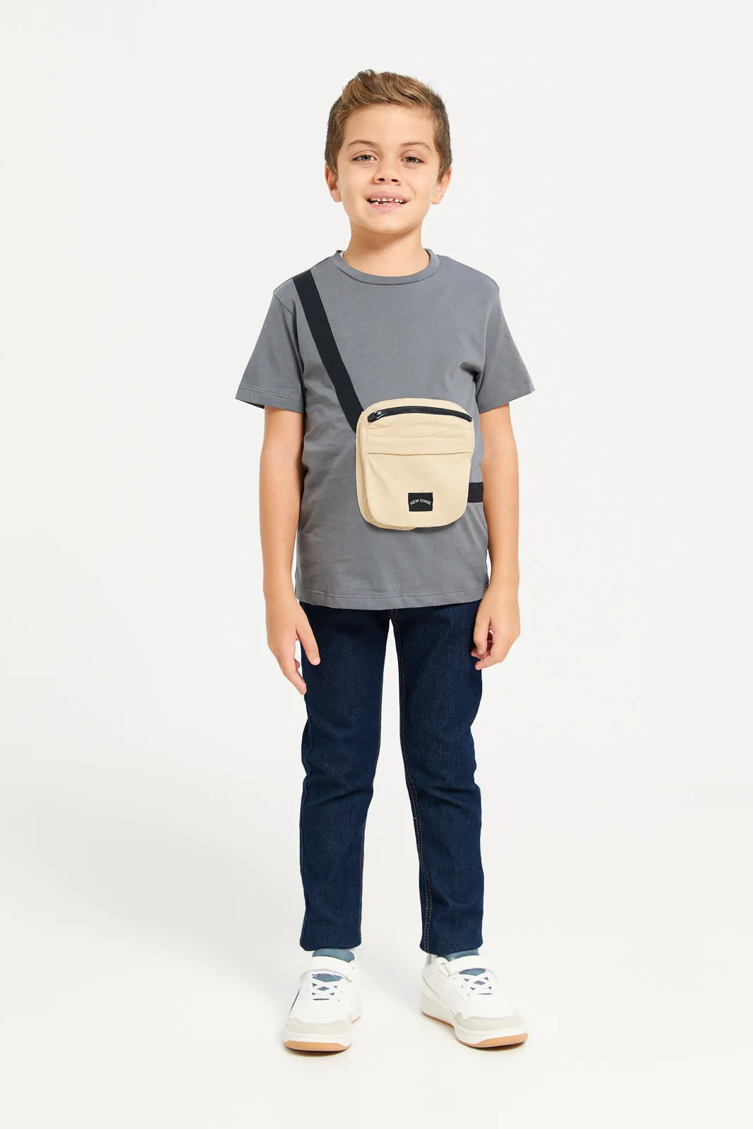 Boys Grey Plain T-Shirt With Bag