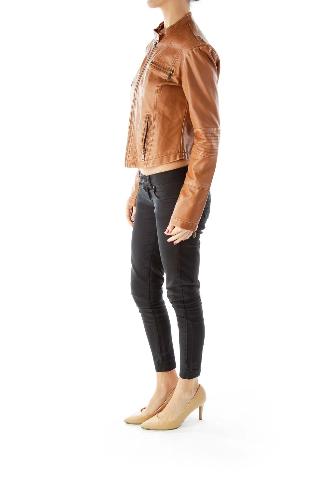 Brown Zippered J Faux Leather Jacket