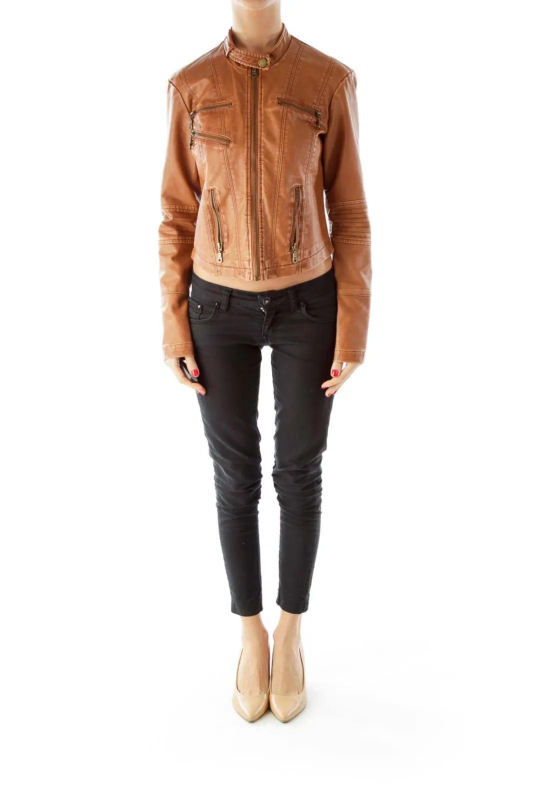 Brown Zippered J Faux Leather Jacket