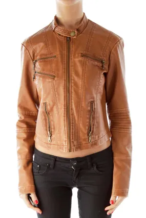 Brown Zippered J Faux Leather Jacket