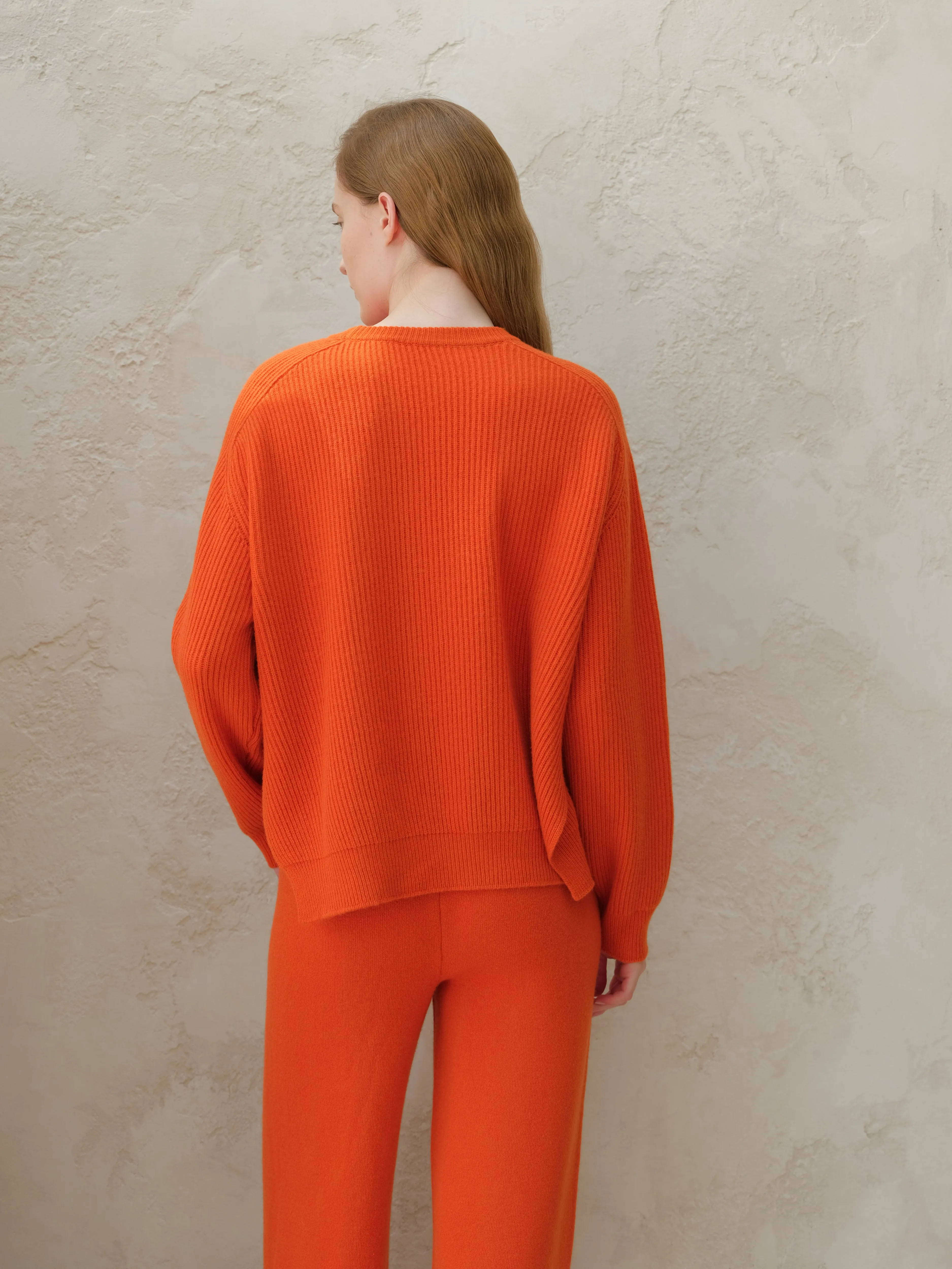 Cashmere Mix Crewneck Ribbed Sweater with Lateral Slits and Saddle Shoulder