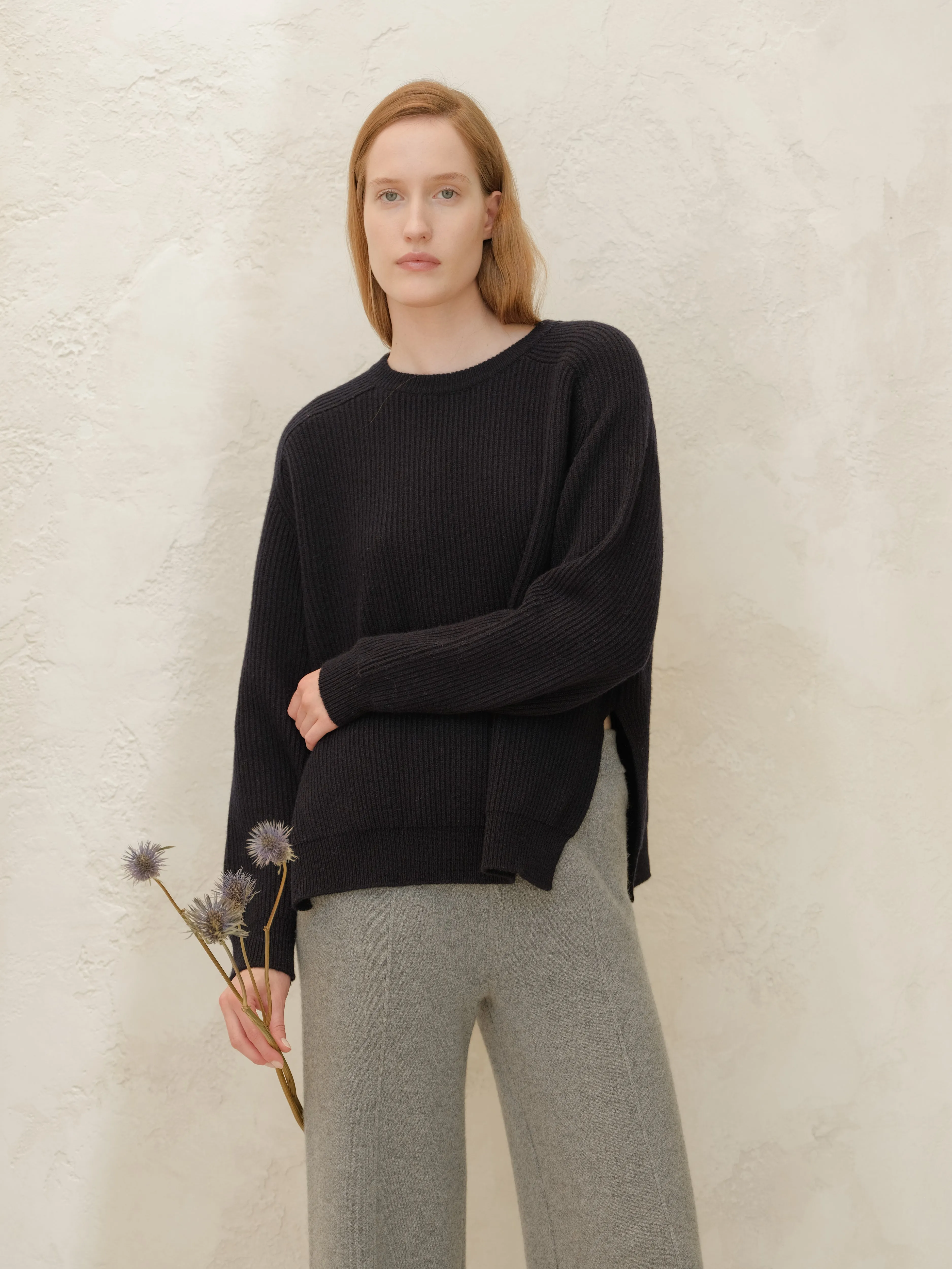 Cashmere Mix Crewneck Ribbed Sweater with Lateral Slits and Saddle Shoulder