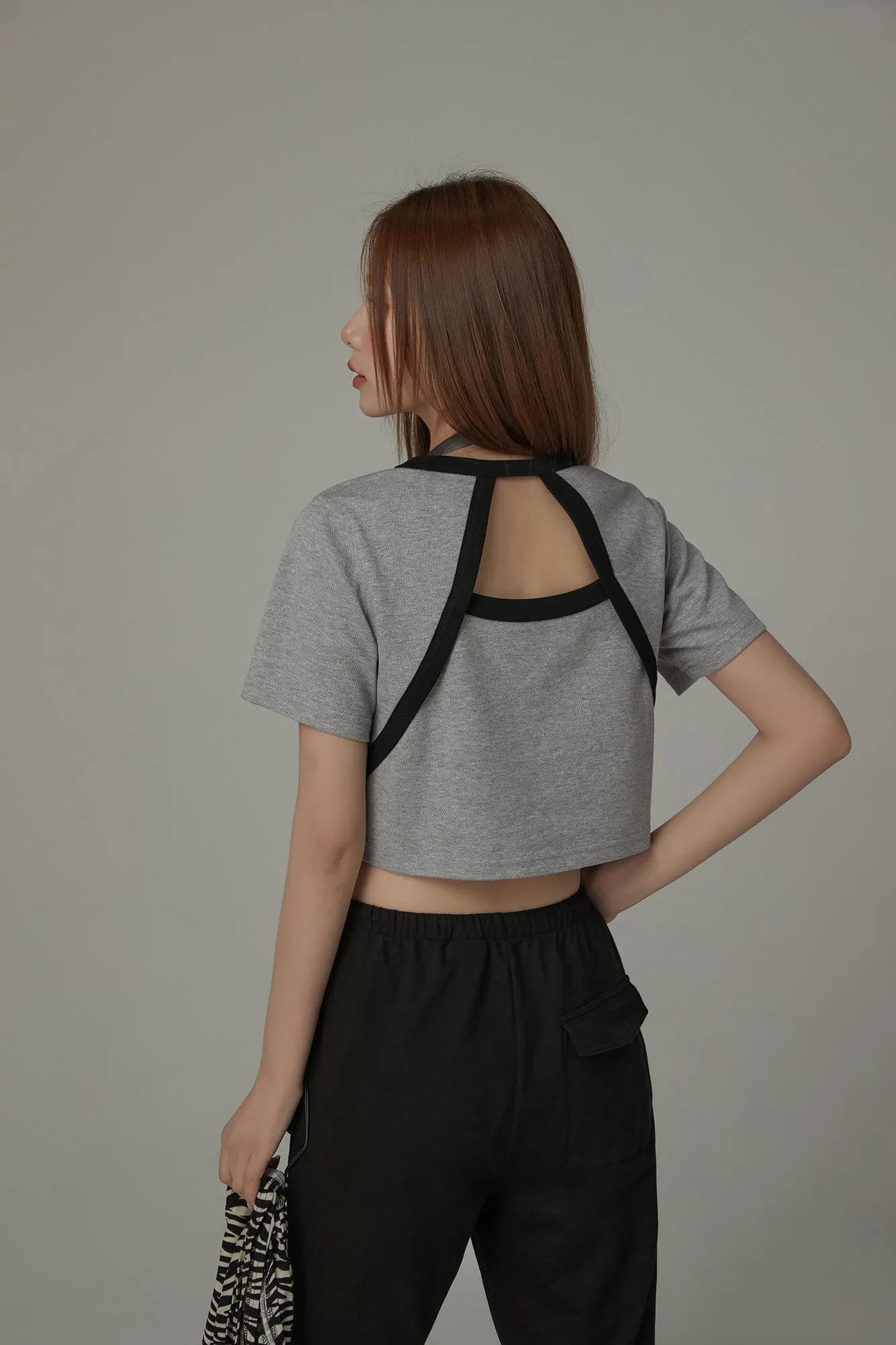 Chuu Cherry Back Open Colorblocked Cropped T-Shirt