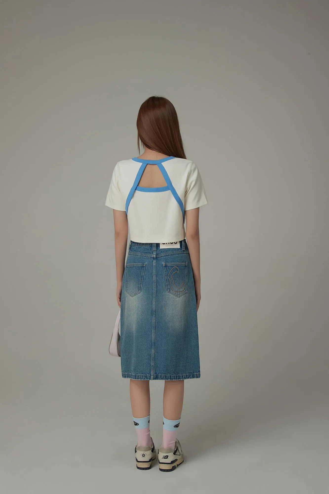 Chuu Cherry Back Open Colorblocked Cropped T-Shirt