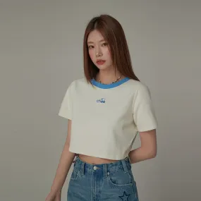 Chuu Cherry Back Open Colorblocked Cropped T-Shirt