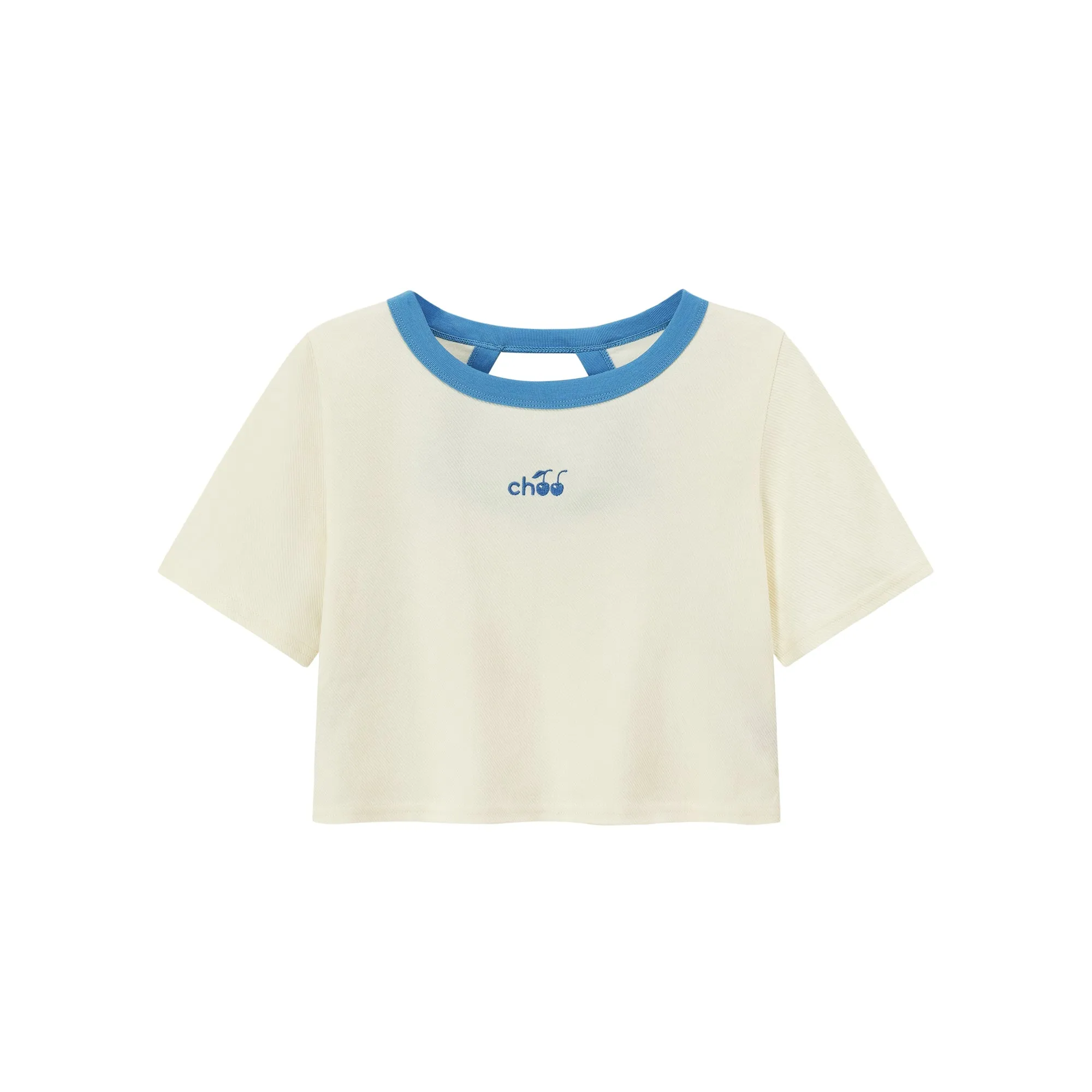 Chuu Cherry Back Open Colorblocked Cropped T-Shirt