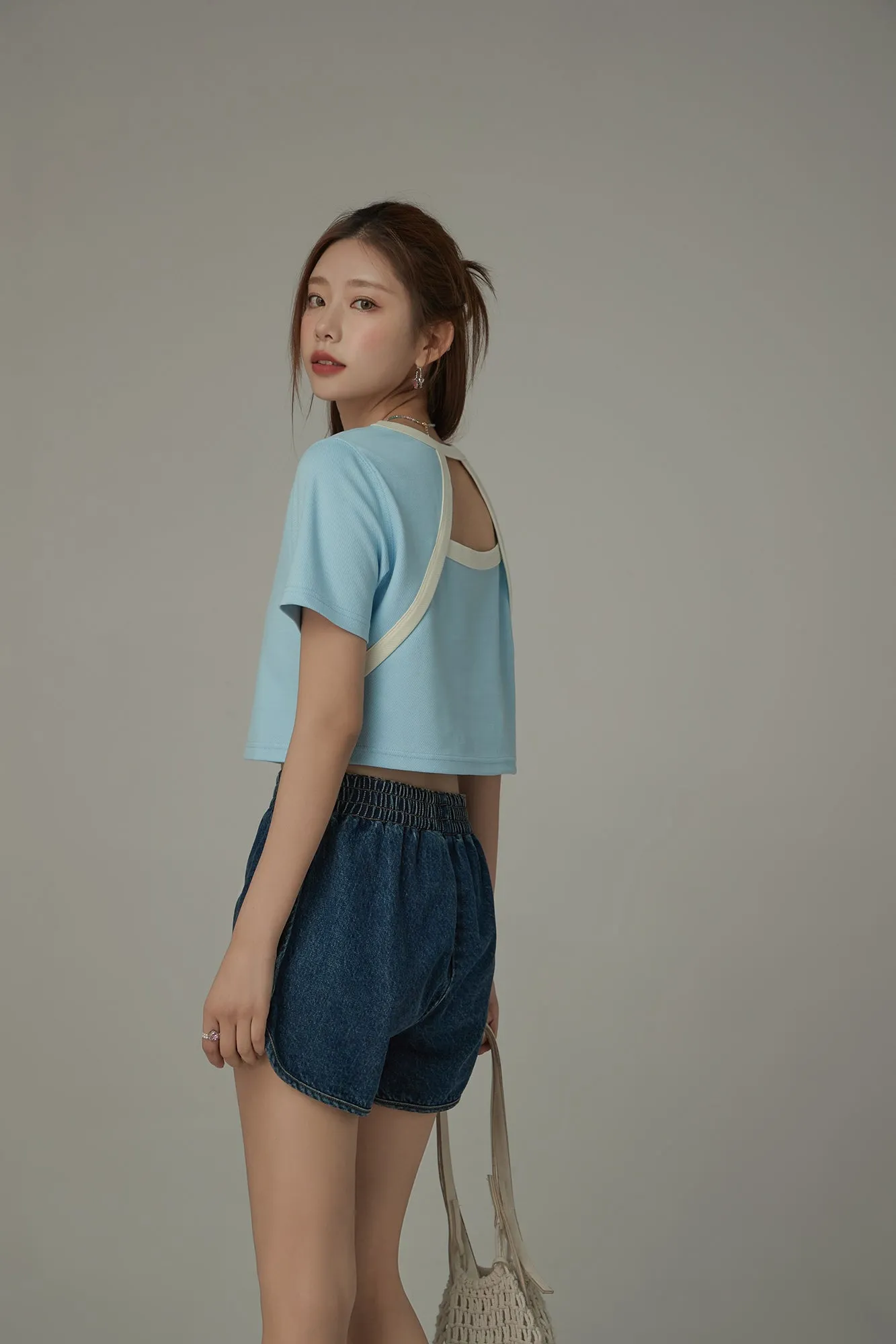 Chuu Cherry Back Open Colorblocked Cropped T-Shirt