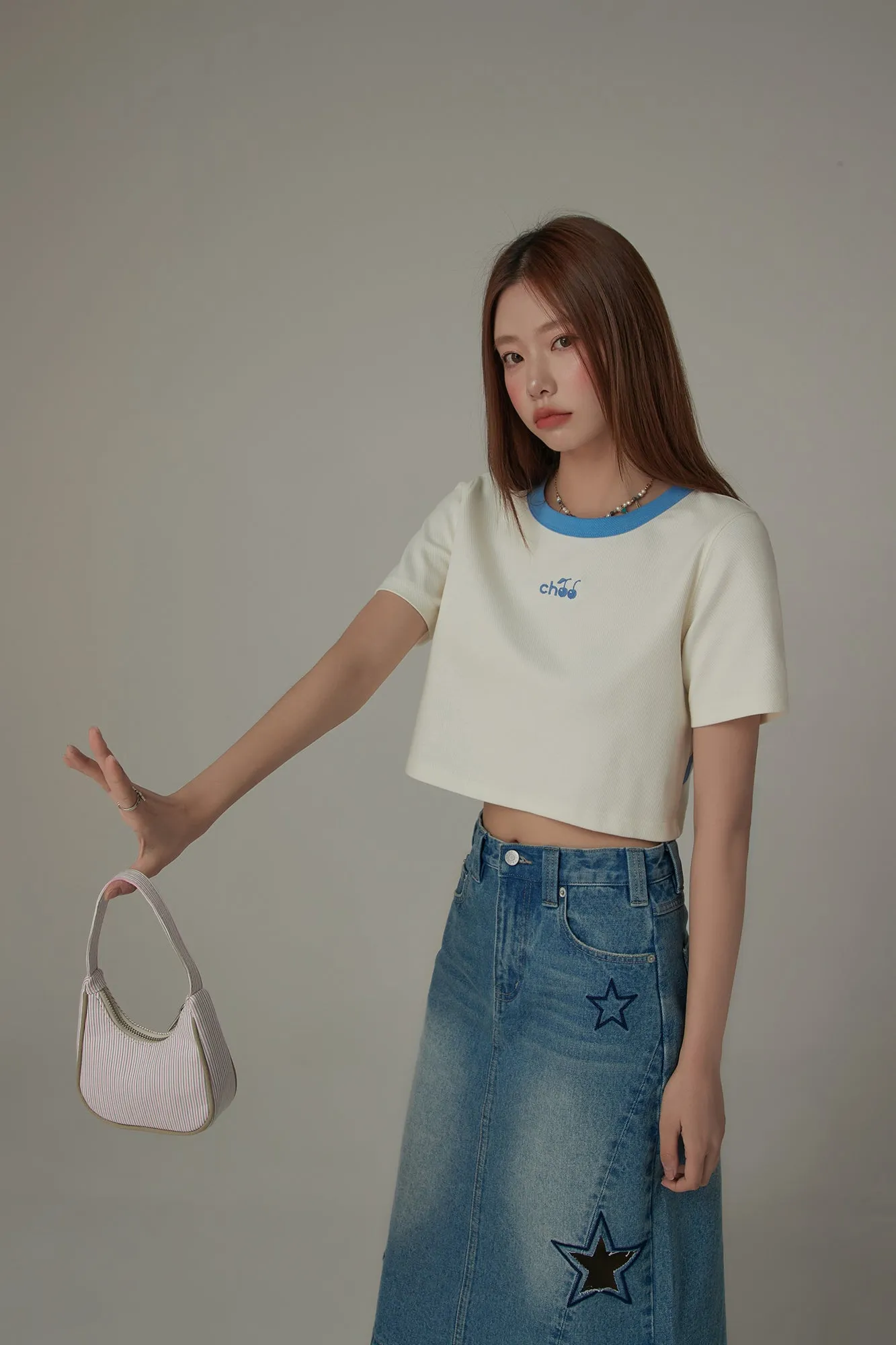 Chuu Cherry Back Open Colorblocked Cropped T-Shirt