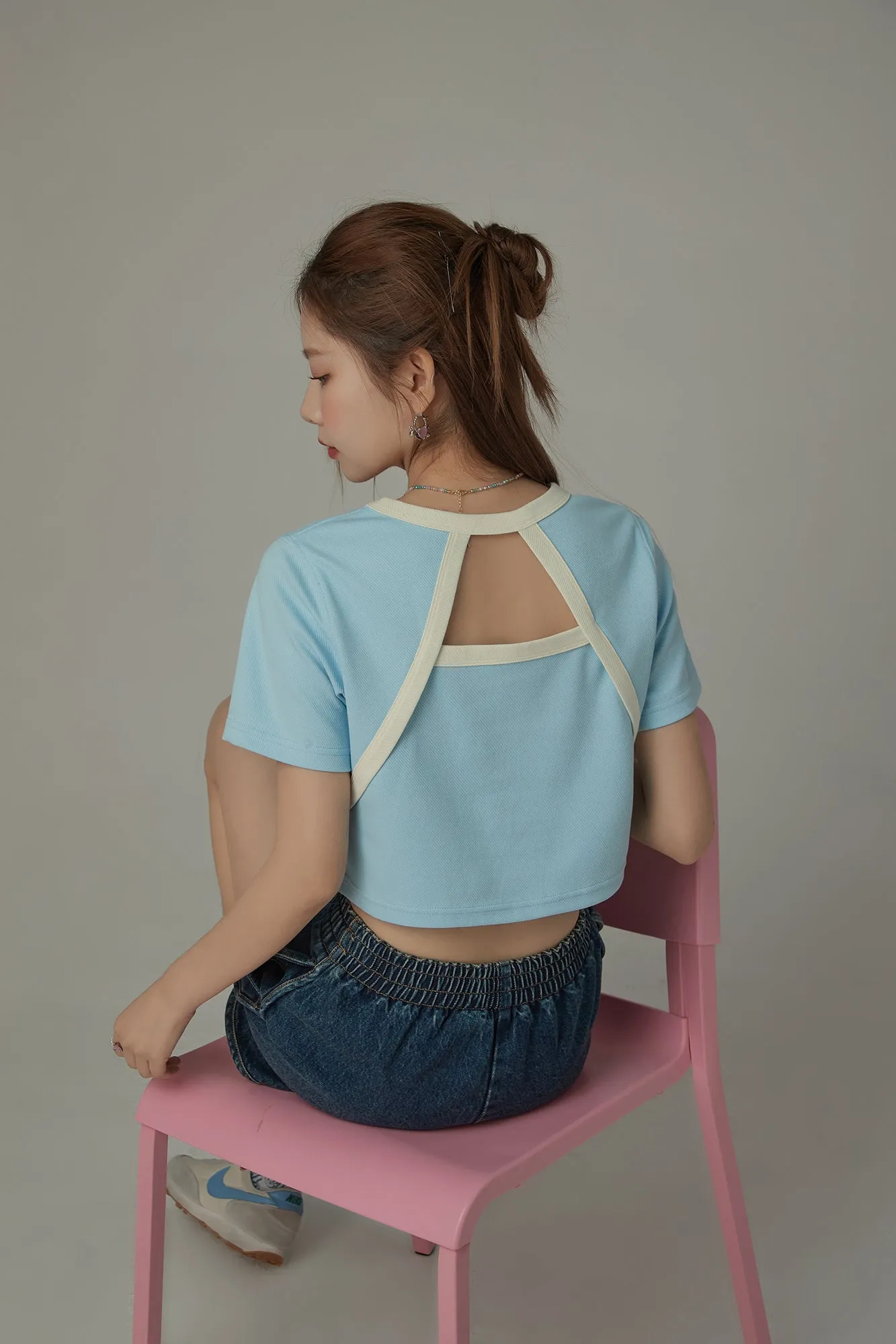 Chuu Cherry Back Open Colorblocked Cropped T-Shirt