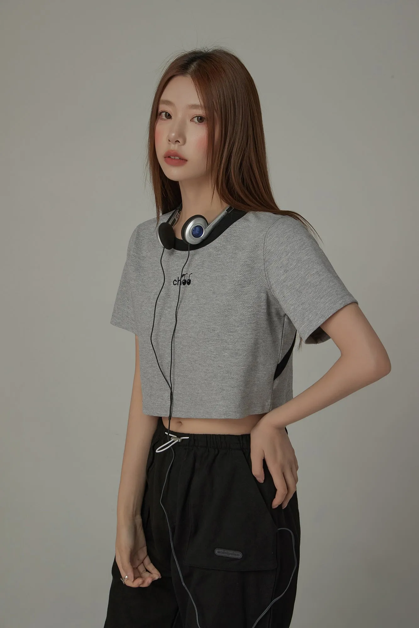 Chuu Cherry Back Open Colorblocked Cropped T-Shirt