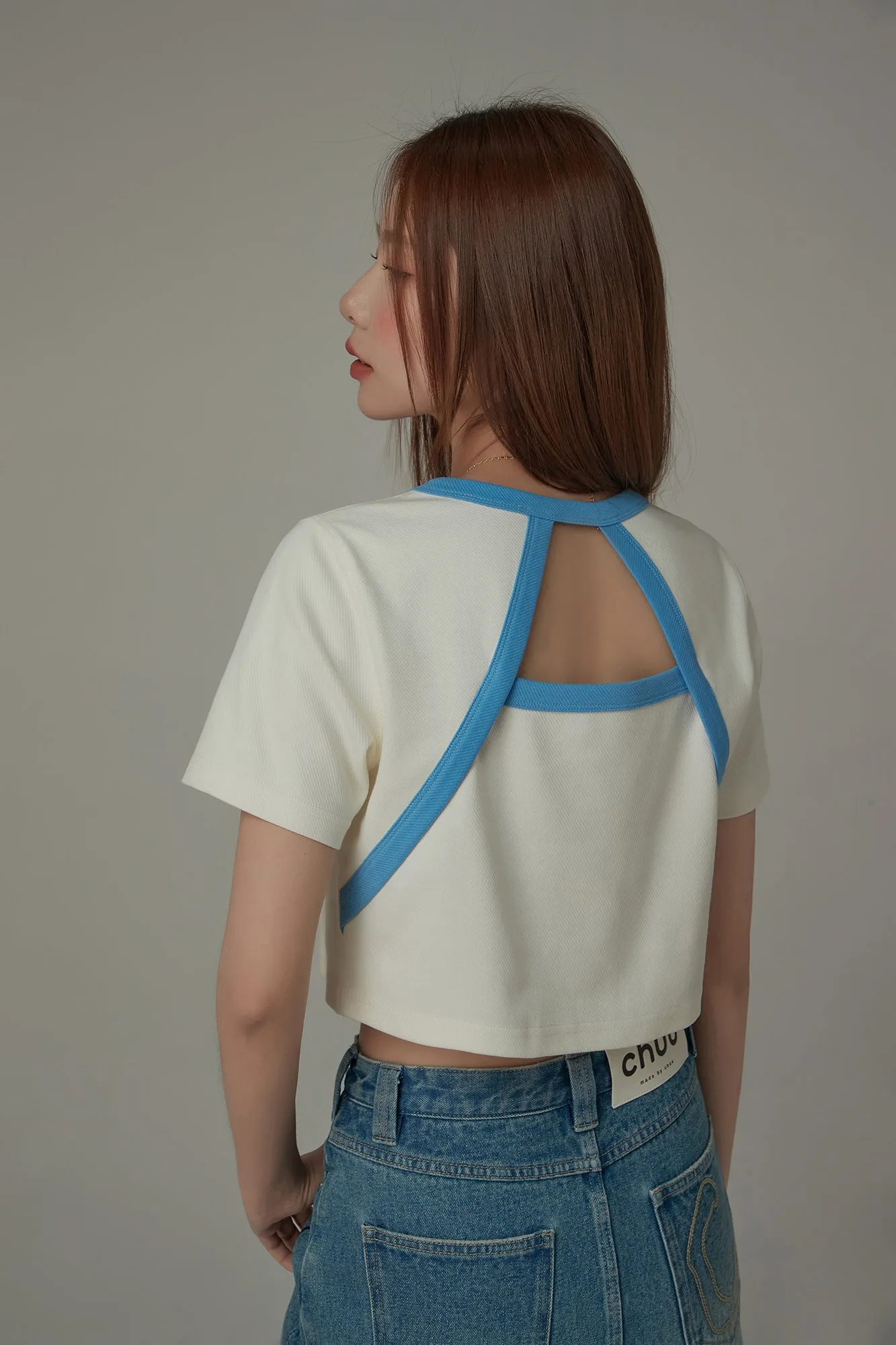 Chuu Cherry Back Open Colorblocked Cropped T-Shirt