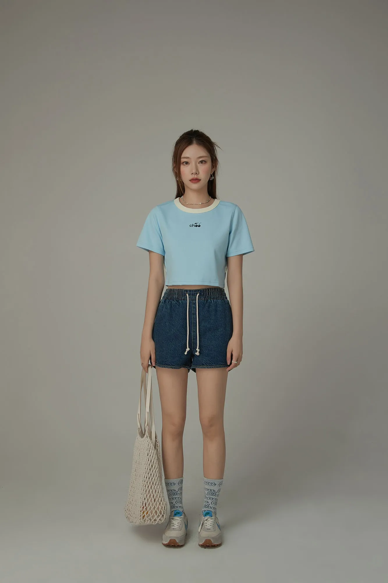 Chuu Cherry Back Open Colorblocked Cropped T-Shirt