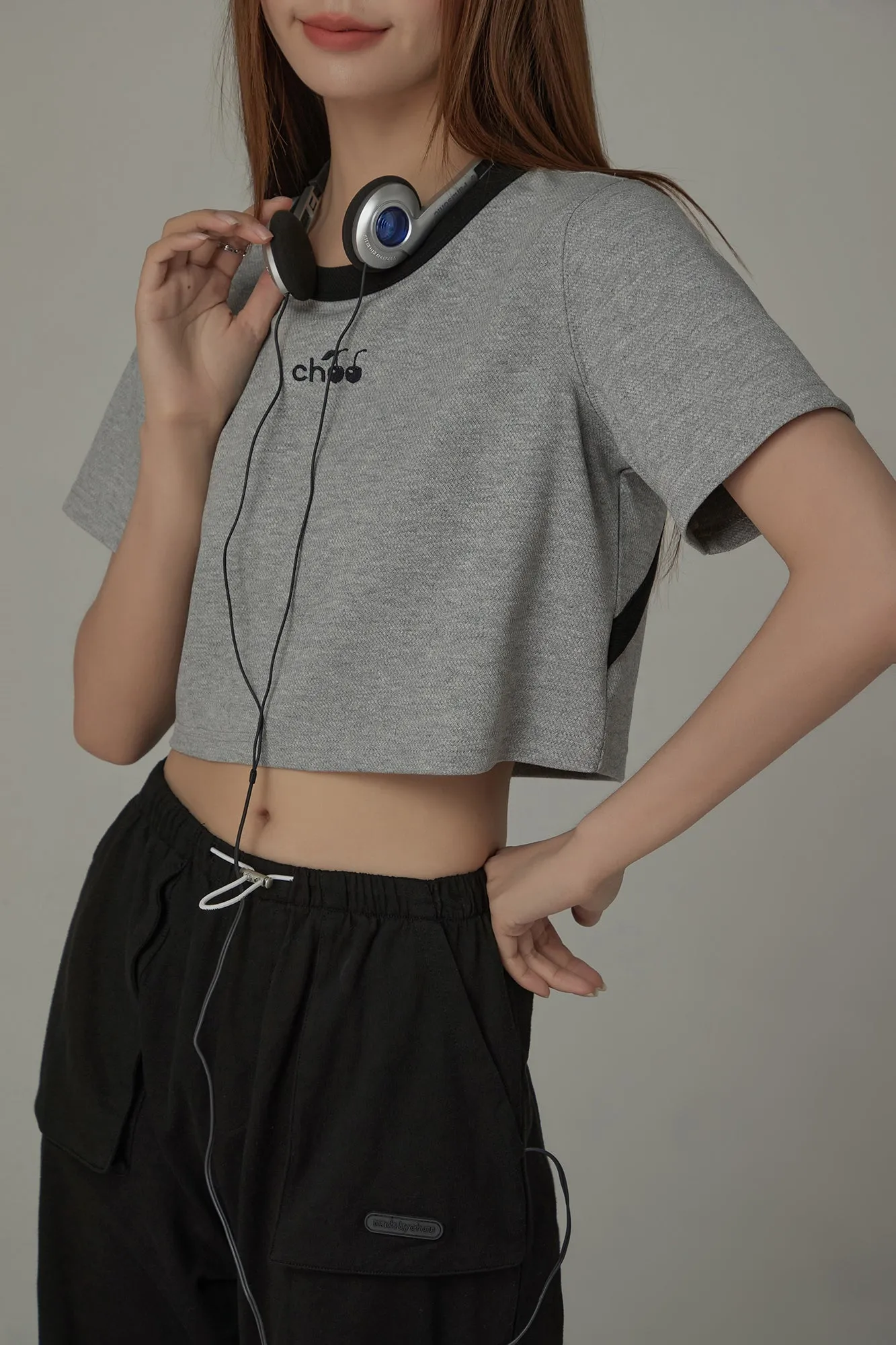 Chuu Cherry Back Open Colorblocked Cropped T-Shirt