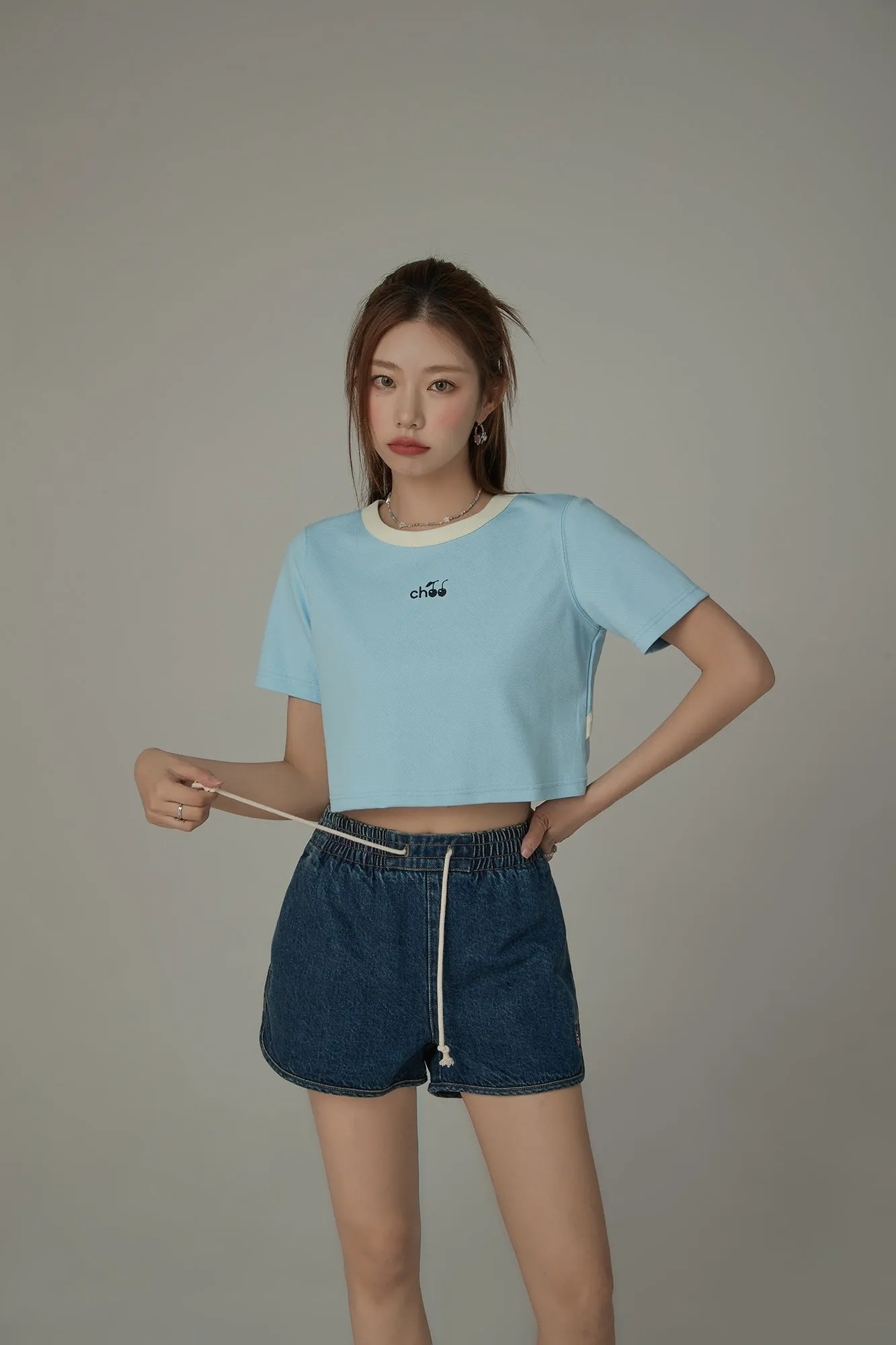 Chuu Cherry Back Open Colorblocked Cropped T-Shirt