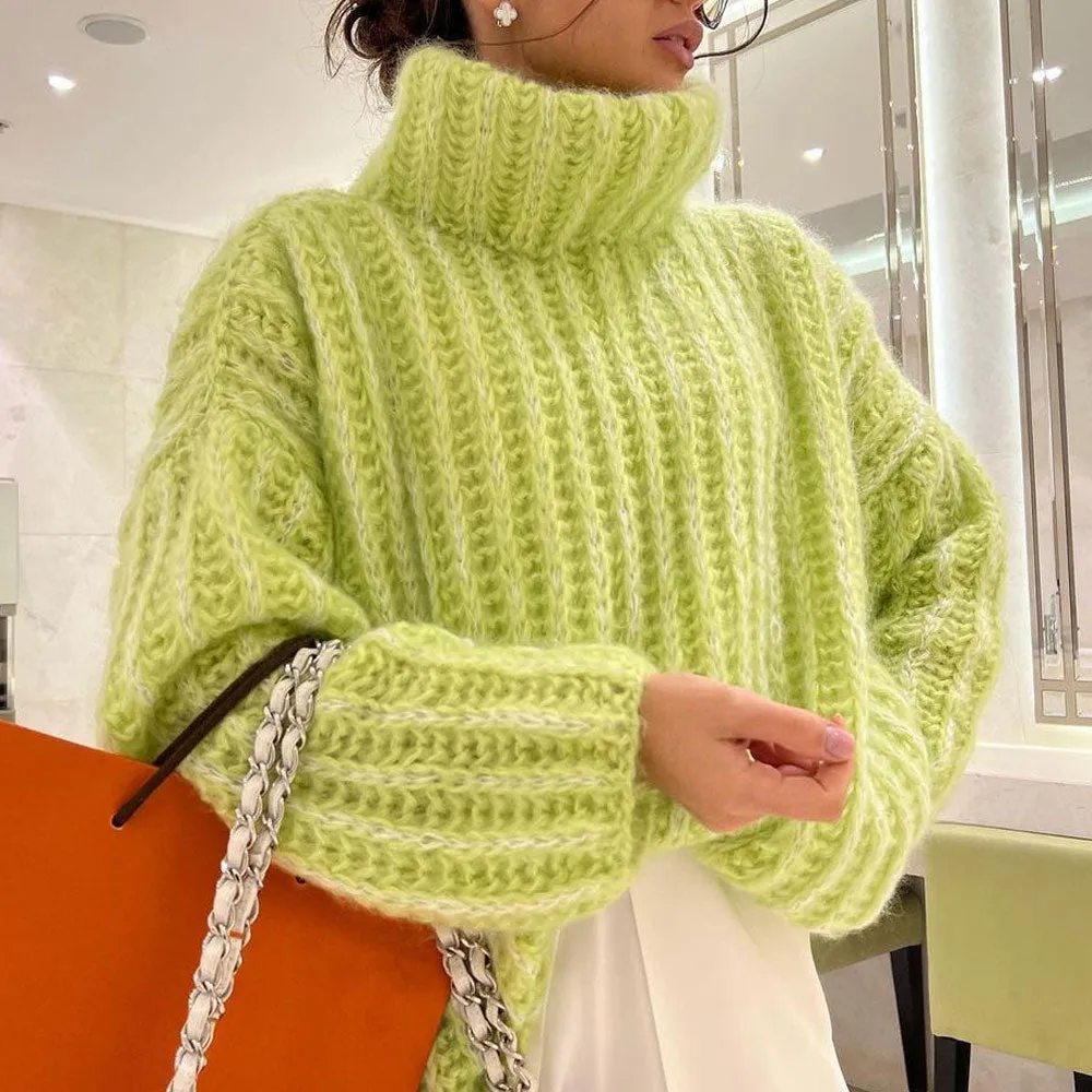 Cozy Brioche Rib Knit Drop Shoulder Bishop Sleeve Oversized Turtleneck Sweater