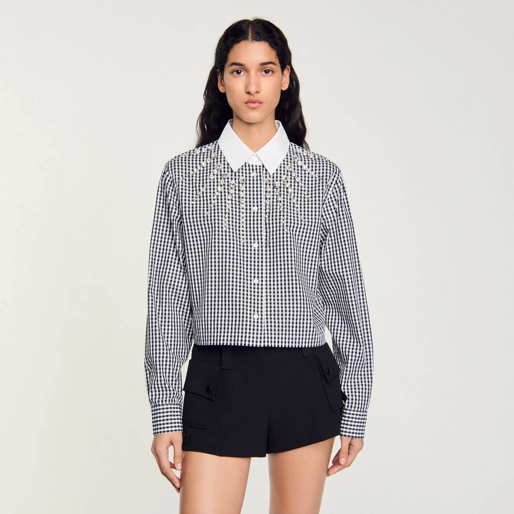 Cropped Shirt With Rhinestone Bib