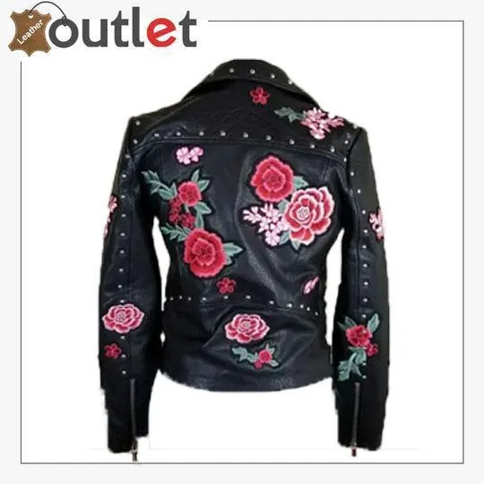 Embellished Silver Studded Embroidered Leather Jacket