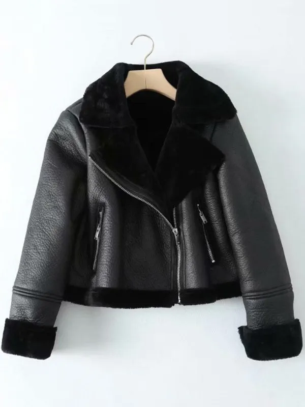 Faux Leather Fur Lined Winter Flight Jacket