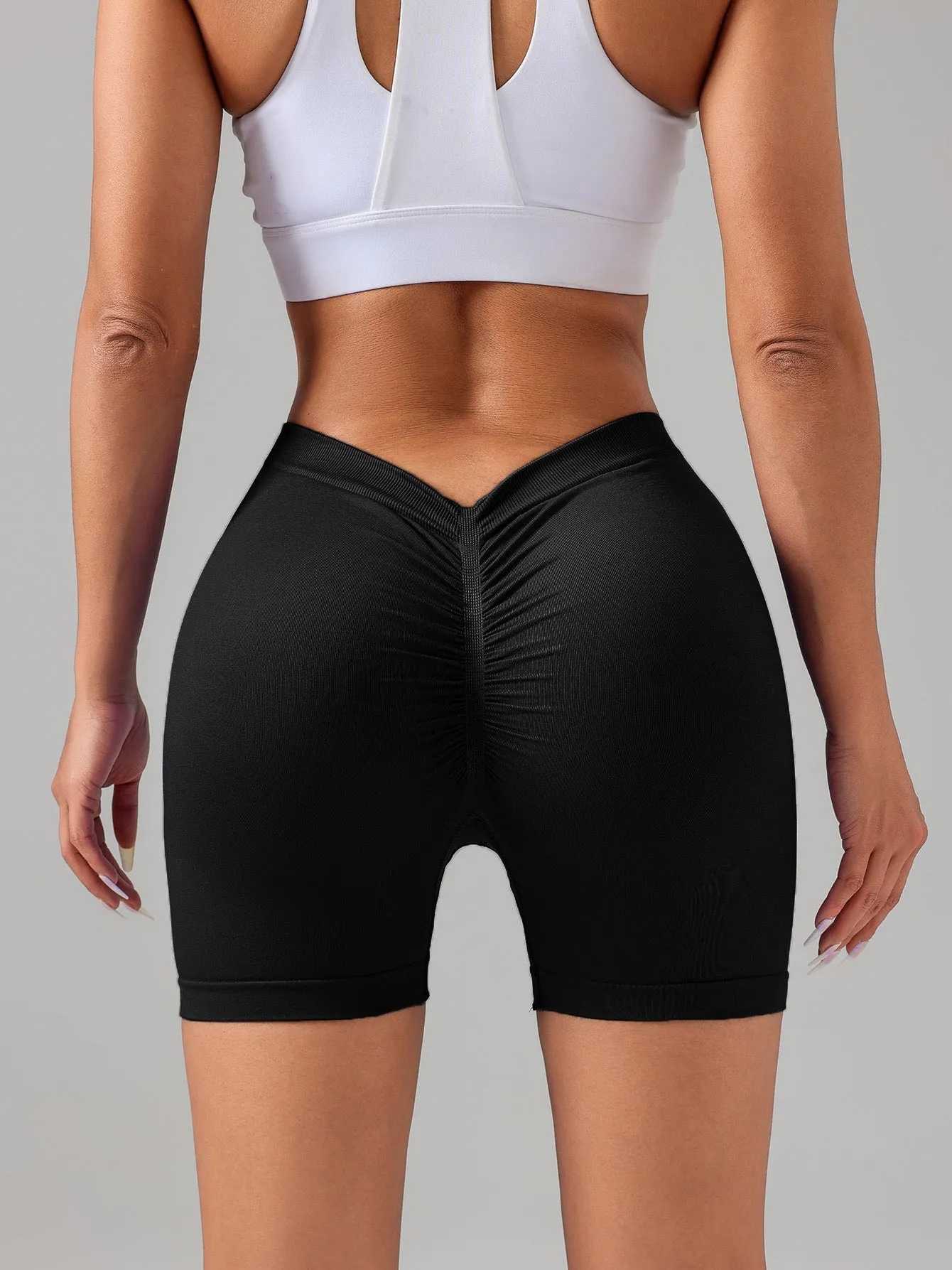 Female V-shape Waist Scrunch Elastic Tight High-rise Shorts, Seamless V Back Scrunch Women Gym Shorts