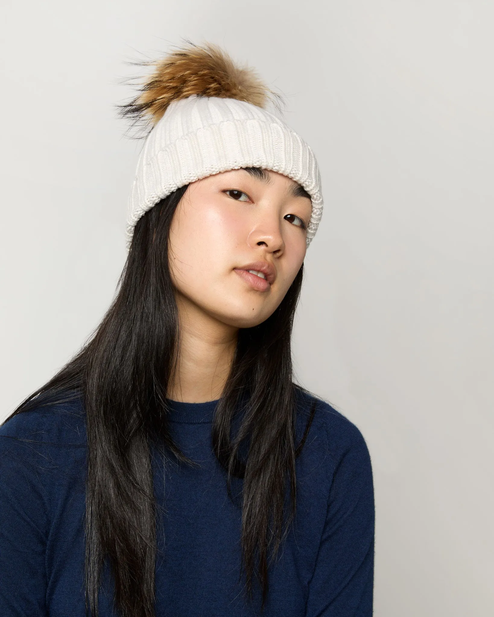 Fur Pom-Pom Beanie in Cream Extra Fine Merino