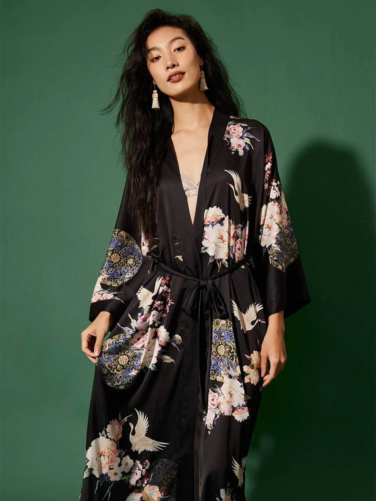 Garden Crane Black Kimono Robe