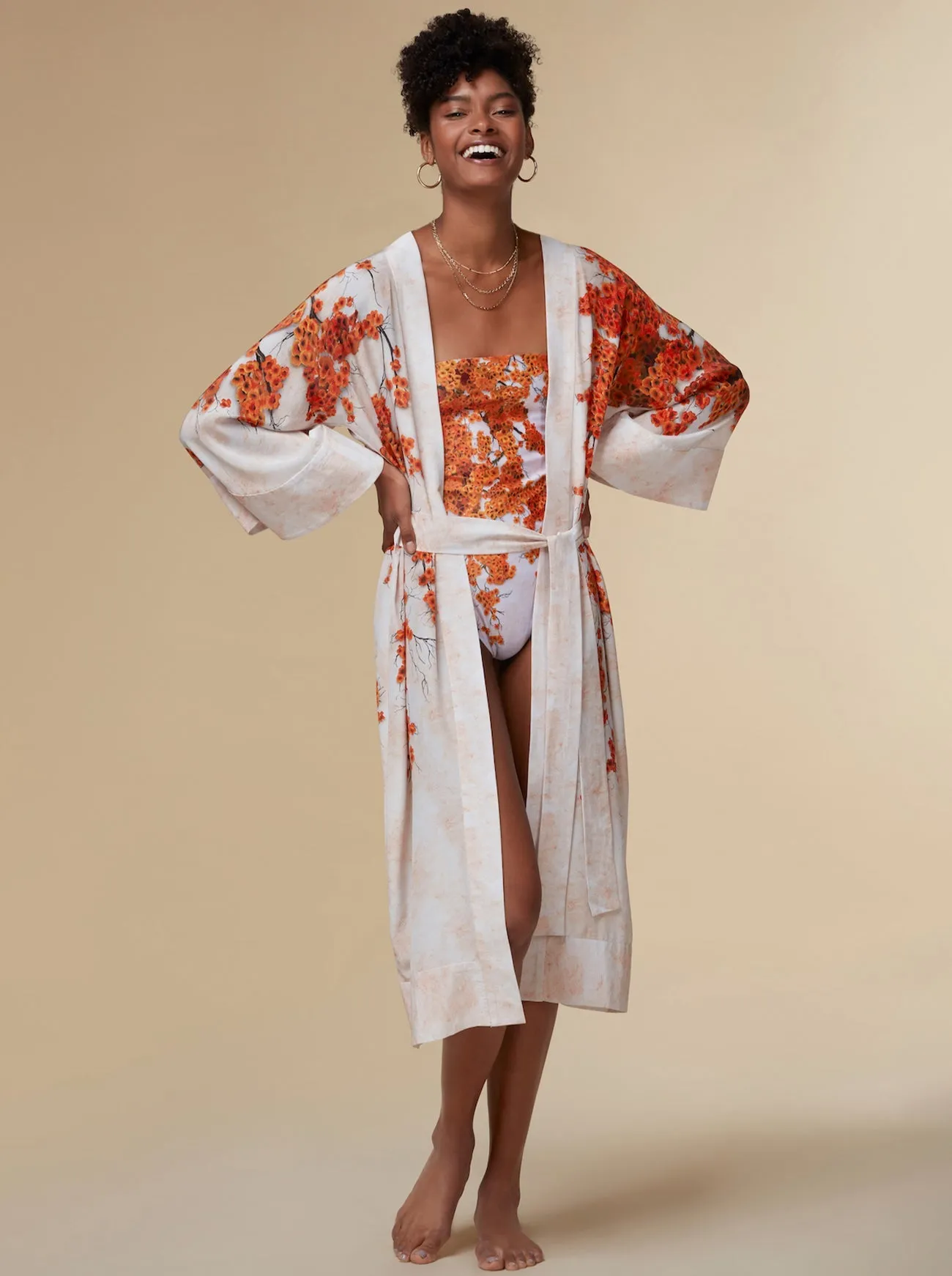 KAYLL Alice Silk Kimono Robe Orange Print