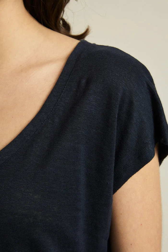 Linen V-Neck Shirt Navy Lanius