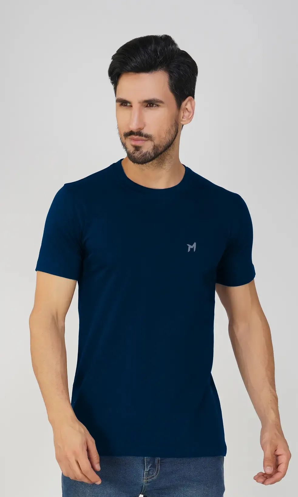 Mebadass Cotton Men's Basic Solid Halfsleeves T-shirts - Navy