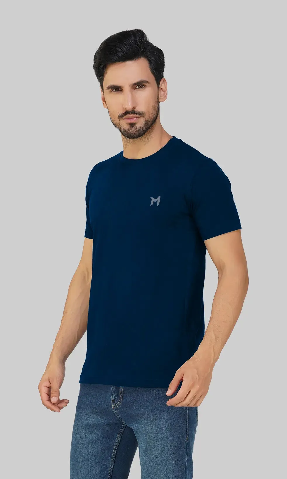 Mebadass Cotton Men's Basic Solid Halfsleeves T-shirts - Navy