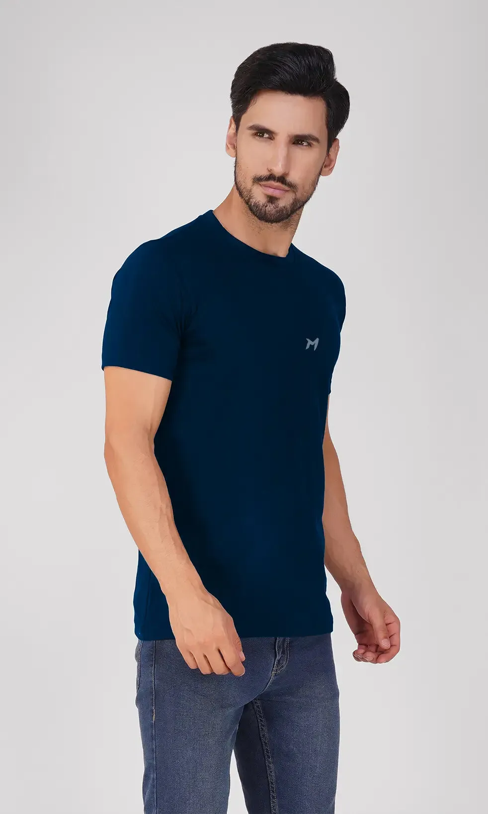 Mebadass Cotton Men's Basic Solid Halfsleeves T-shirts - Navy