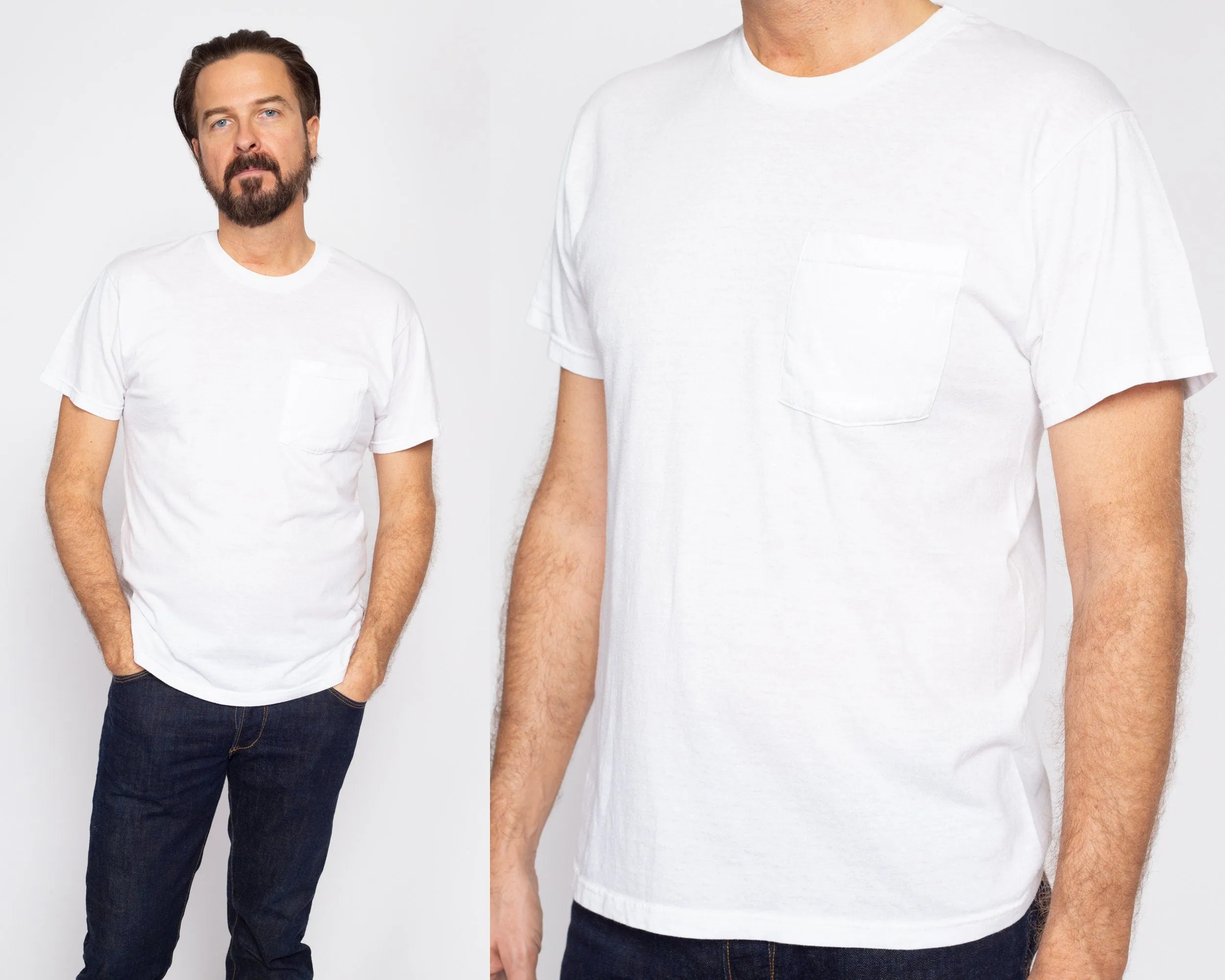 Med-Lrg 90s Plain White Pocket Tee