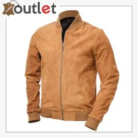 Men Tan Suede Bomber Jacket