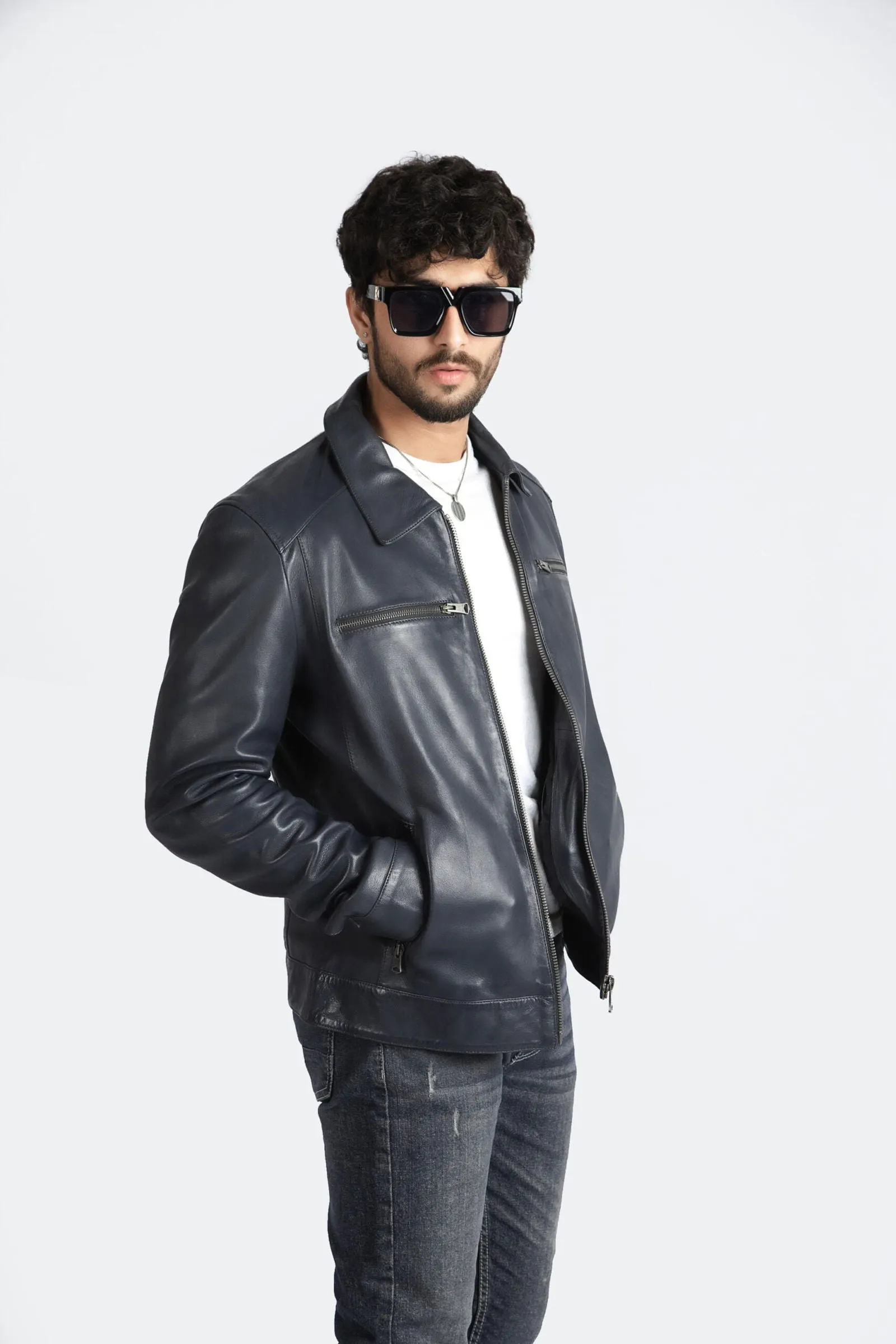 Mens Cafe Racer Style Sheep Leather Jacket Navy Blue Jacket – ELM3