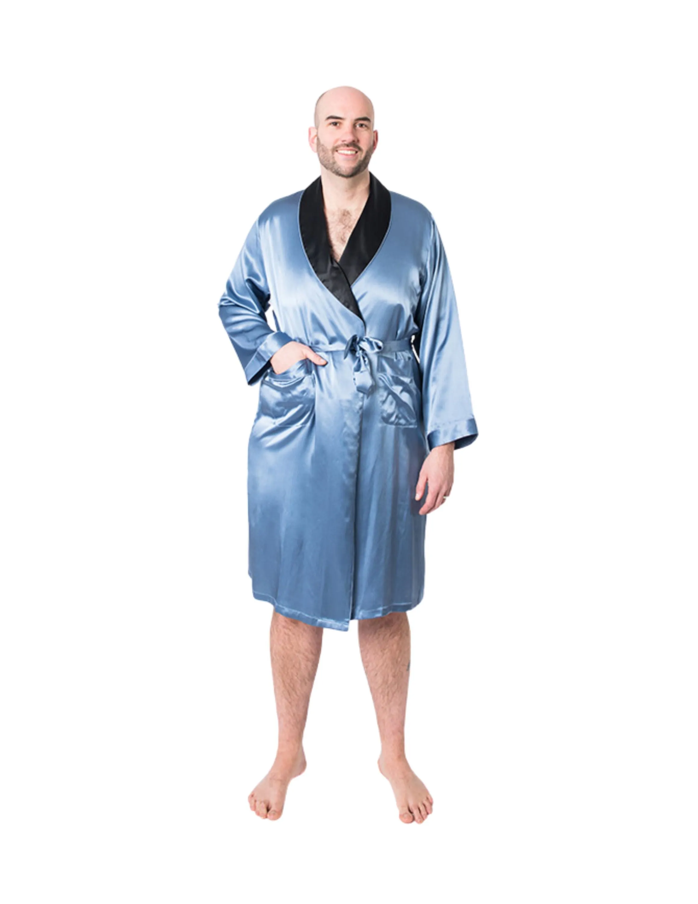 Men's Twilight Blue Mulberry Silk Robe with Black Collar