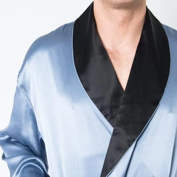 Men's Twilight Blue Mulberry Silk Robe with Black Collar