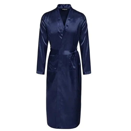 Navy Blue Chinese Men Silk Rayon Robe Casual Sleepwear