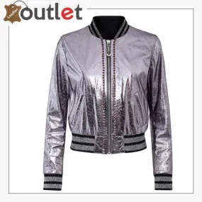 Pink Metallic Bomber Studded Biker Jacket