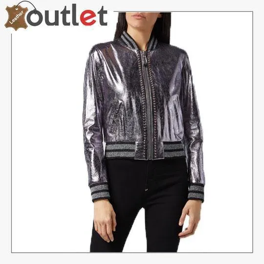 Pink Metallic Bomber Studded Biker Jacket