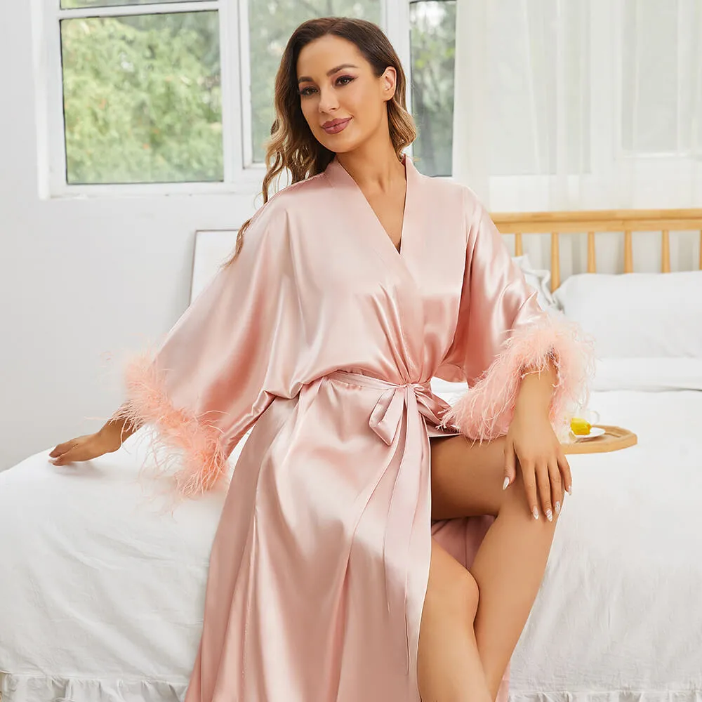 pure Silk Kimono Robes with Ostrich Feather Mulberry Silk Robe