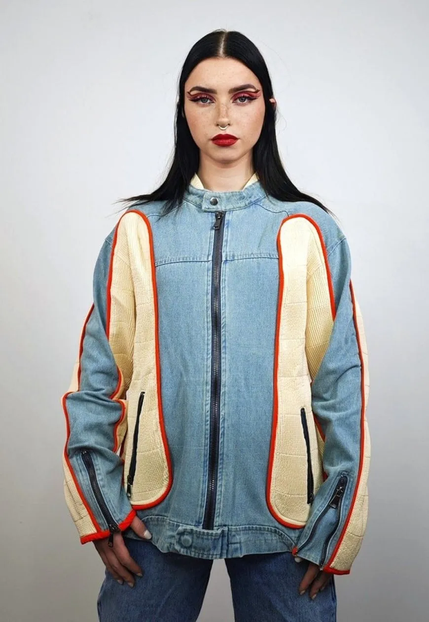 Reworked denim racing jacket colour blocked varsity bomber