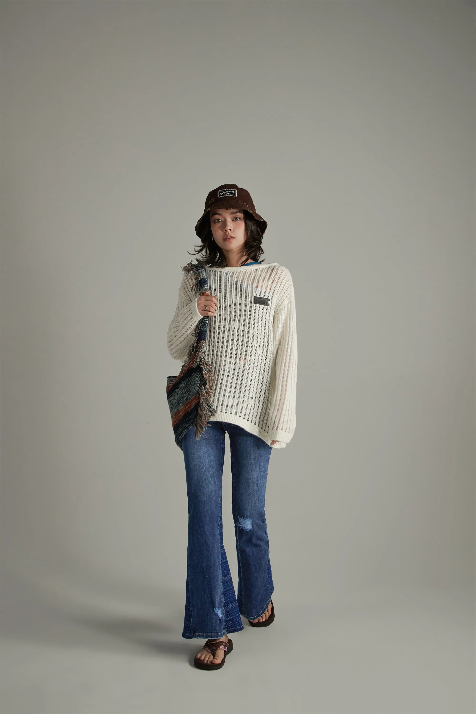 Ribbed Open Knit Loose Fit Sweater