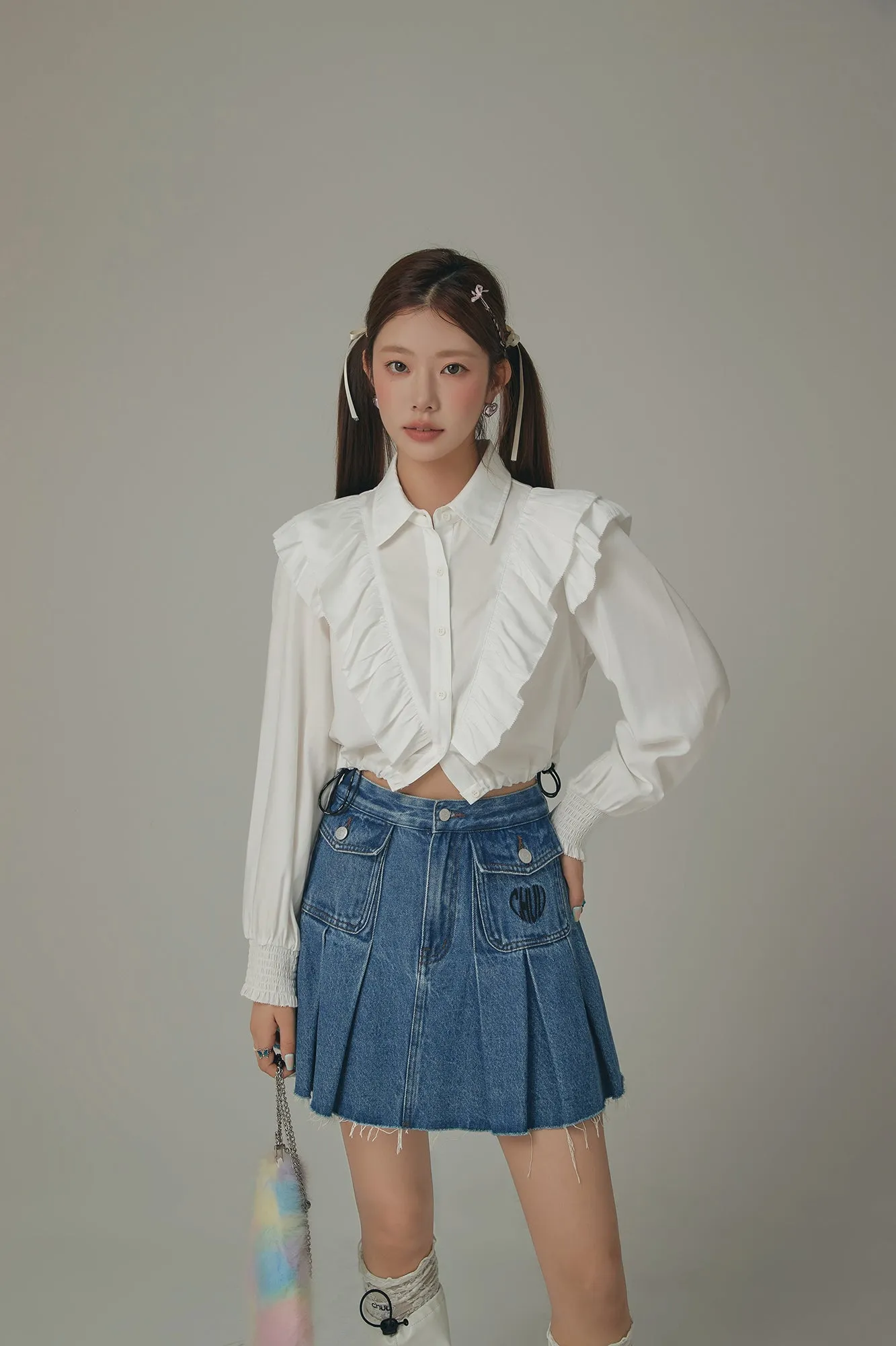 Ruffle Cropped Drawstring Shirt