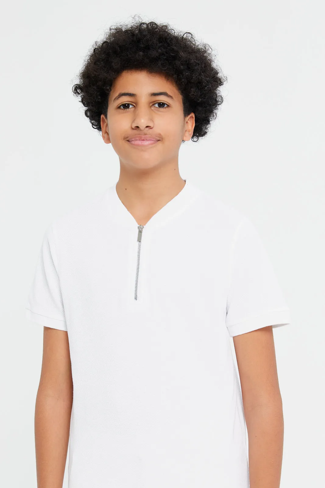 Senior Boys White Zip Neck